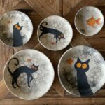 Black Cat & Gold Fish Plate Set Black Cat Goldfish Mug Set